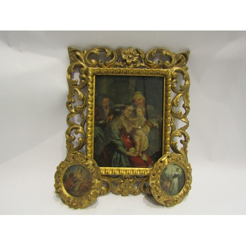 4501 - An oleograph of figural scene in ornate gilt frame, 21.5cm x 16cm image size, together with a pair o... 