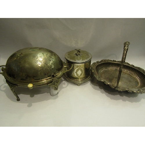 4502 - Three white metal items to include a footed food warmer with swivel lid action, biscuit barrel and f... 