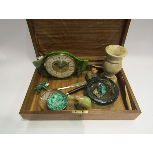 4505 - An oak cutlery box containing magnifying glass, clock and associated ornaments