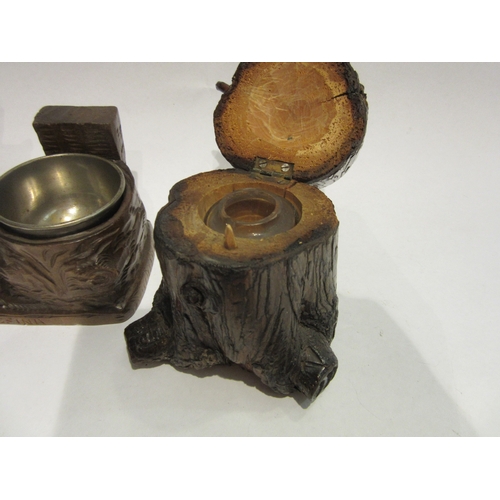 4510 - Two Black Forest inkwells, tree trunk form with seated reading gnome and hiking bear, 12cm and 13cm ... 