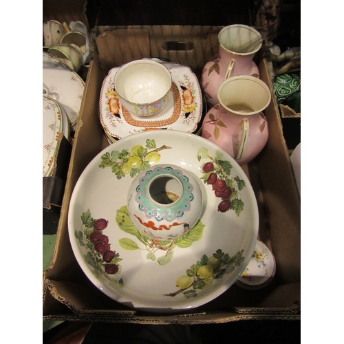 4526 - A box of ceramics including two pink vases, a Portmeirion 