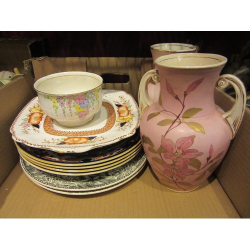 4526 - A box of ceramics including two pink vases, a Portmeirion 