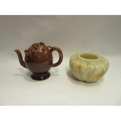 4330 - A brown glazed teapot with applied floral design (a/f) and an Oriental bowl made from tallow (2)