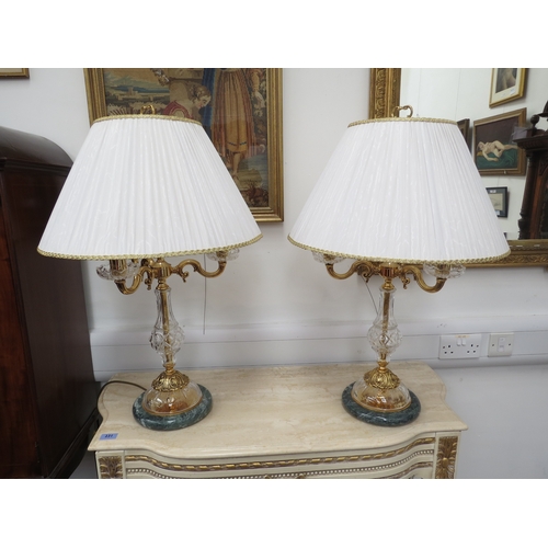 6103 - A pair of late 20th/early 21st Century Italian ceiling lamps with glass and ormolu stems to grey mar... 