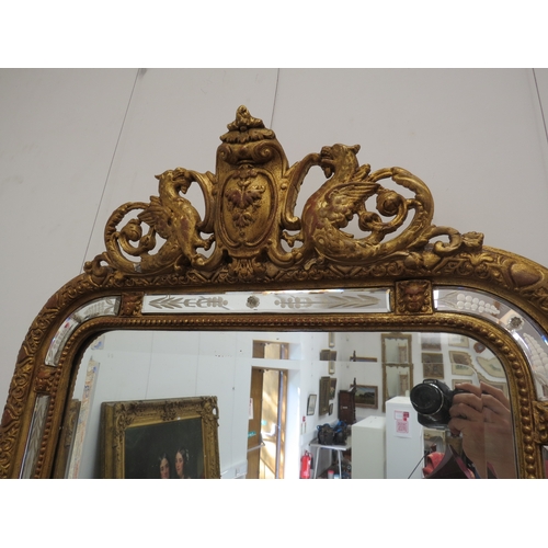 6074 - A late 19th Century highly ornate gilt and gesso pier mirror, the top surmounted by griffins, the bo... 