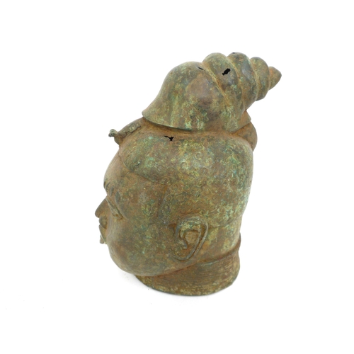 6314 - An African Benin bronze Oba King head surmounted by a snail, holes present in casting. 28cm x 13cmx ... 