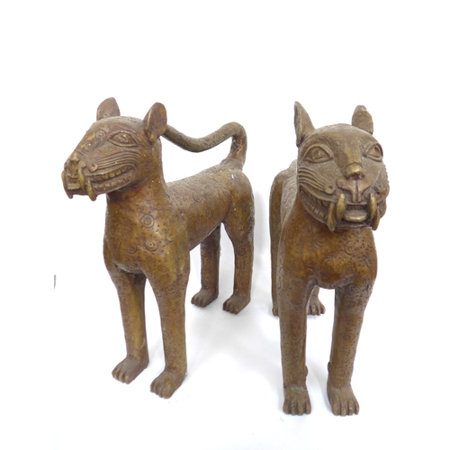 6310 - Two Edo Benin brass figures of standing leopards one with tail curled up over its back, the other ha... 