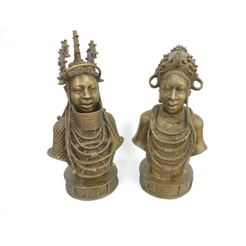 6309 - Two Benin Bronze busts depicting King Oba and Queen. 43cm tall and 34cm tall