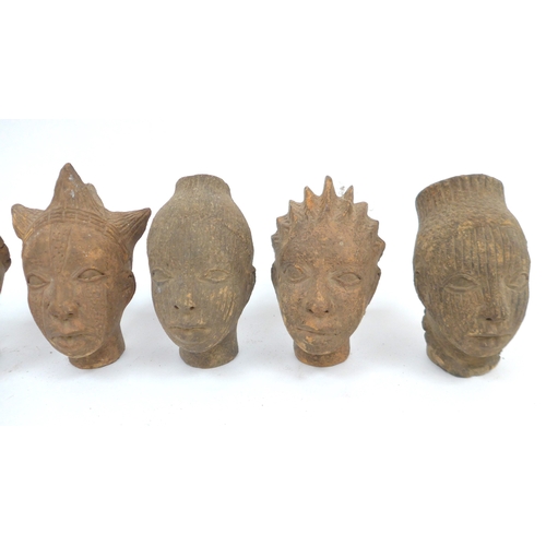 6319 - Benin commemorative terracotta human head depictions with varying hair styles. Two with open tops, t... 