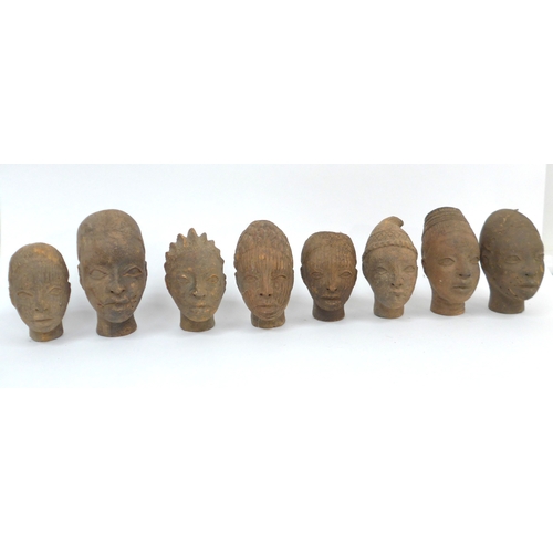 6316 - Benin commemorative terracotta human head depictions with varying hair styles. Largest 16.5cm tall, ... 