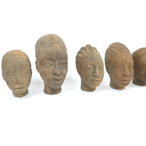 6316 - Benin commemorative terracotta human head depictions with varying hair styles. Largest 16.5cm tall, ... 