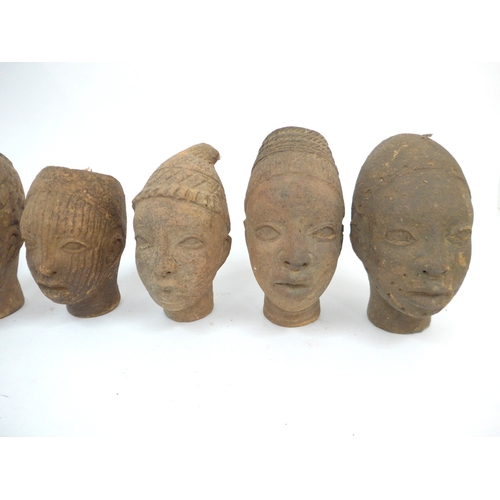 6316 - Benin commemorative terracotta human head depictions with varying hair styles. Largest 16.5cm tall, ... 