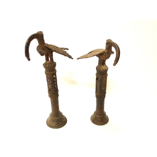 6303 - Two Benin cast bird staff finials/idiophones 30cm x 28cm tall