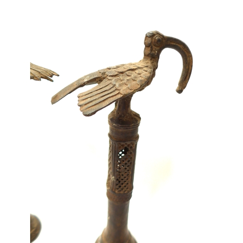 6303 - Two Benin cast bird staff finials/idiophones 30cm x 28cm tall