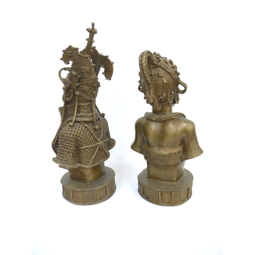 6309 - Two Benin Bronze busts depicting King Oba and Queen. 43cm tall and 34cm tall