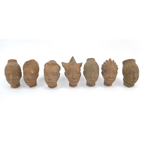 6319 - Benin commemorative terracotta human head depictions with varying hair styles. Two with open tops, t... 