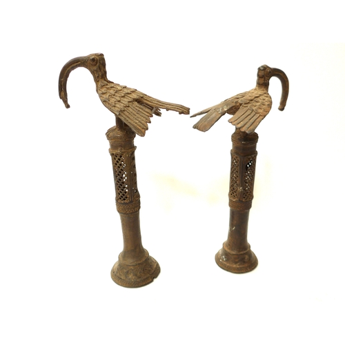 6303 - Two Benin cast bird staff finials/idiophones 30cm x 28cm tall