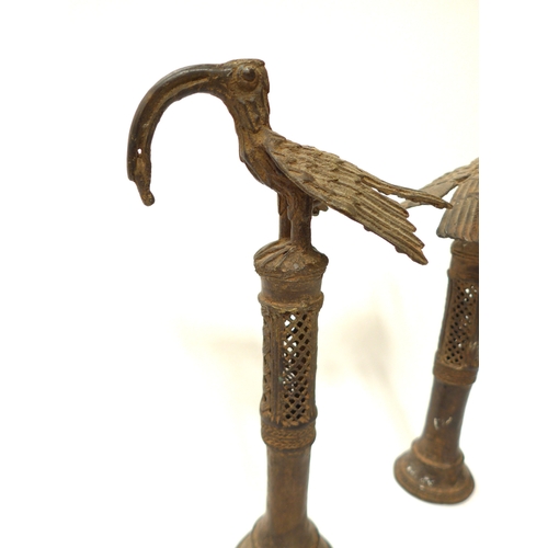 6303 - Two Benin cast bird staff finials/idiophones 30cm x 28cm tall