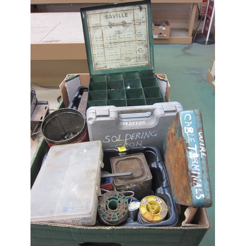 5044 - A box of mixed including a case of Saville nuts, split pins, bulbs, a soldering iron and a horn, etc... 