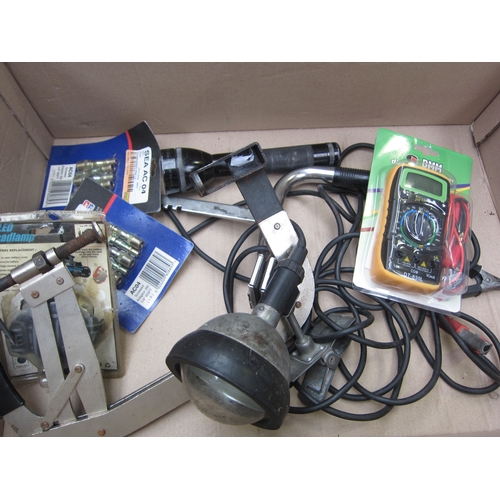 5060 - A box of mixed including torches, multimeter, clamp and adaptor