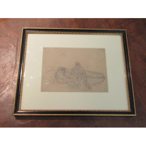 1147 - A Circa 1850 pencil sketch of two men and rowing boat, framed and glazed, 10.5cm x 14.5cm image size... 