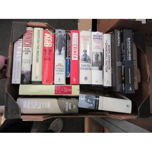 1220 - Two boxes of hardback volumes including military interest volumes such as KGB, Churchill, Rommel, Ra... 