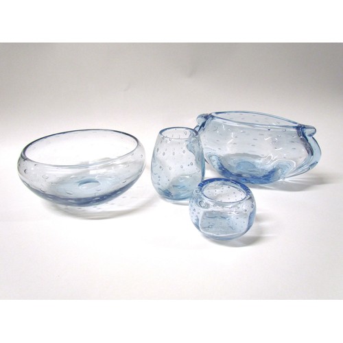 1312 - A collection of four pieces of Whitefriars glass in sapphire blue with controlled bubbles.  Tallest ... 