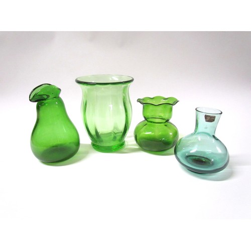 1313 - Four various green glass vases including a Whitefriars example.  Tallest 17.5cm