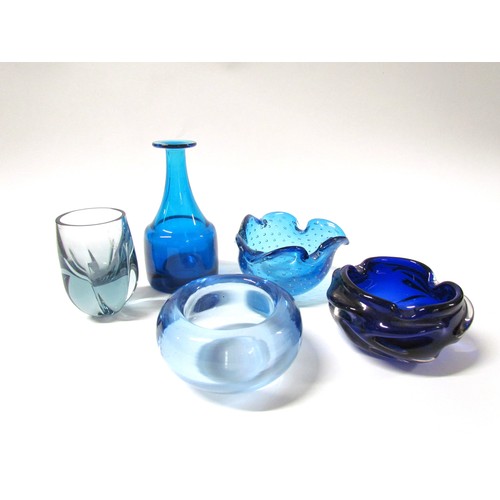 1315 - A collection of blue glass dishes, a Magner Glasswares vase by Axel Morch, Whitefriars small lobed v... 