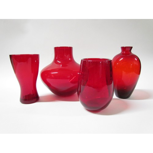 1316 - A Whitefriars 9599 vase in Ruby, an ovoid vase with bubble inclusions, plus a waisted vase and bottl... 