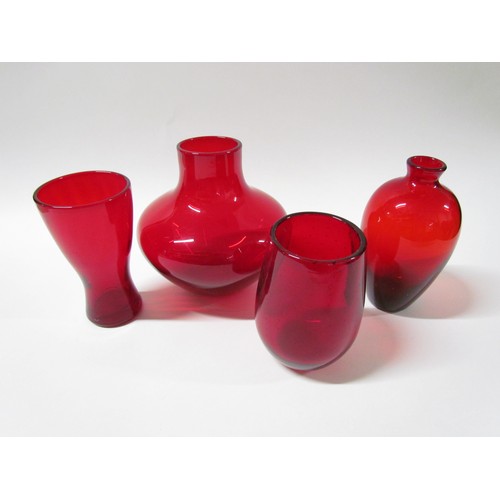 1316 - A Whitefriars 9599 vase in Ruby, an ovoid vase with bubble inclusions, plus a waisted vase and bottl... 