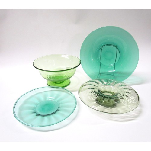 1324 - Four various green glass bowls including Whitefriars posy bowl, etc.  Largest diameter 25.5cm