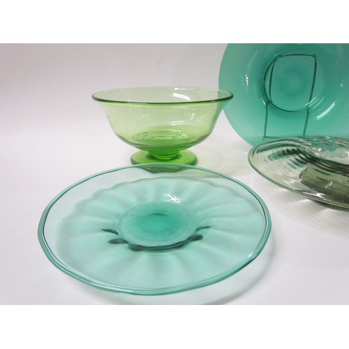 1324 - Four various green glass bowls including Whitefriars posy bowl, etc.  Largest diameter 25.5cm