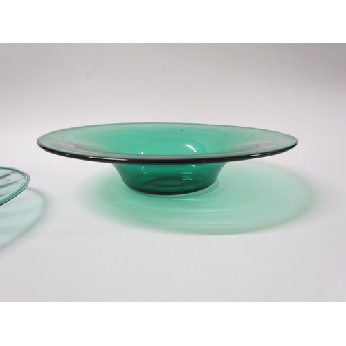 1324 - Four various green glass bowls including Whitefriars posy bowl, etc.  Largest diameter 25.5cm