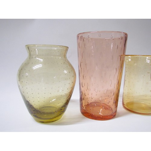 1325 - Three Amber glass vases circa 1940's with controlled bubble inclusions, together with a tumbler vase... 