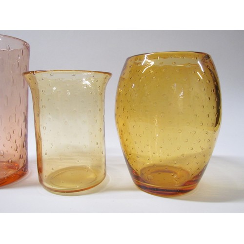 1325 - Three Amber glass vases circa 1940's with controlled bubble inclusions, together with a tumbler vase... 