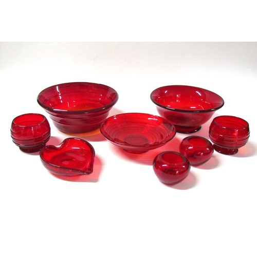 1326 - A collection of Whitefriars Ruby glass including Powell trailed bowls.  Largest diameter 23cm, heigh... 