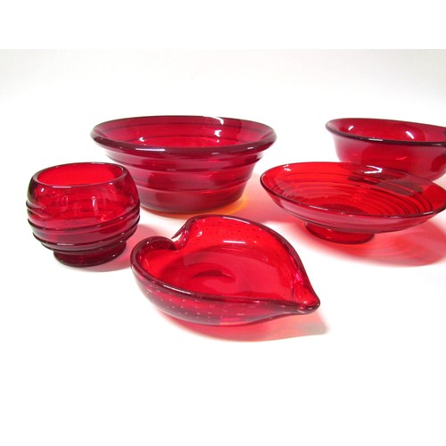 1326 - A collection of Whitefriars Ruby glass including Powell trailed bowls.  Largest diameter 23cm, heigh... 