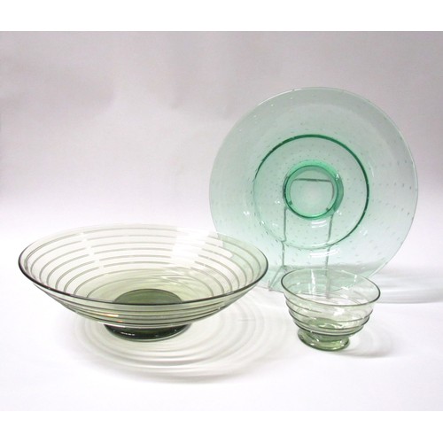 1328 - A Whitefriars green glass trailed bowl, 29cm diameter, similar small bowl, 11.5cm diameter and a gre... 