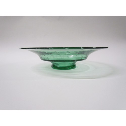 1328 - A Whitefriars green glass trailed bowl, 29cm diameter, similar small bowl, 11.5cm diameter and a gre... 