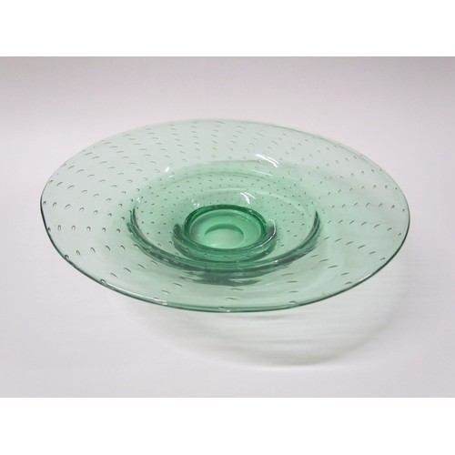 1328 - A Whitefriars green glass trailed bowl, 29cm diameter, similar small bowl, 11.5cm diameter and a gre... 