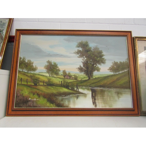 1334 - R MILLER: oil on canvas depicting a lakeside dwelling in field, signed bottom left, in wooden frame.... 