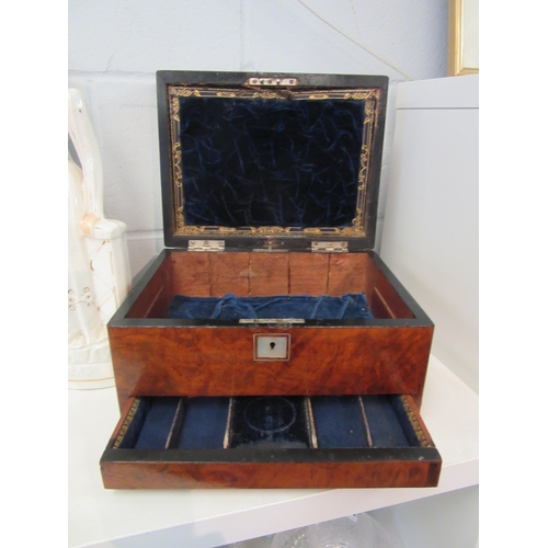 1426 - A 19th Century walnut jewellery box velvet lined interior with drawer, mother of pearl inlay around ... 