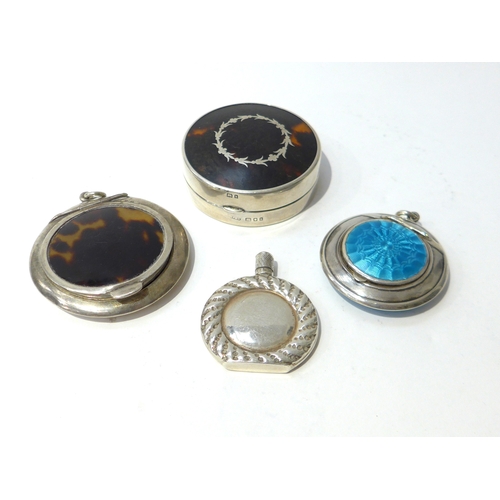 6424 - Three silver compacts and a silver scent bottle including Tortoiseshell set, guilloche, largest 5.5c... 