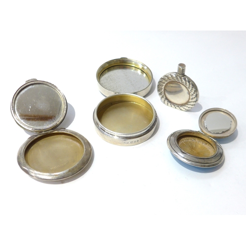 6424 - Three silver compacts and a silver scent bottle including Tortoiseshell set, guilloche, largest 5.5c... 