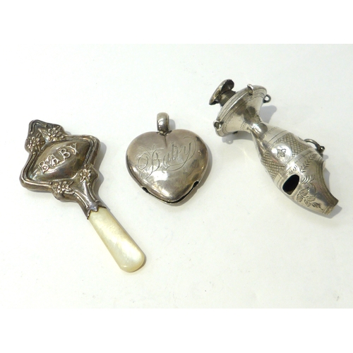 6411 - silver baby items, heart form rattle, whistle etc (3)