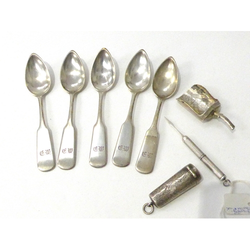 6420 - Five Russian teaspoons dated 1871 by T.WERNER, cheroot holder, toothpick and tea caddy spoon, no han... 