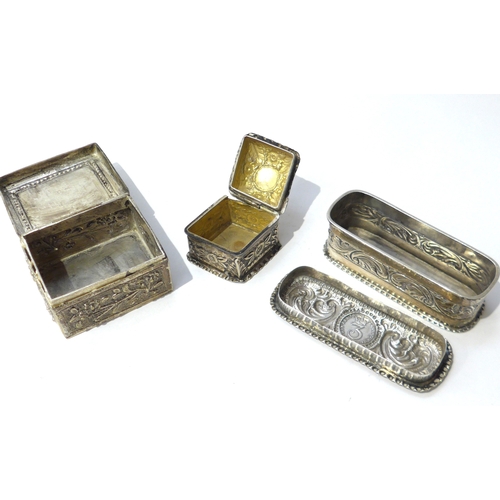 6393 - A silver lozenge form pot, white metal Oriental box with Mother-of-pearl panel to top and George IV ... 