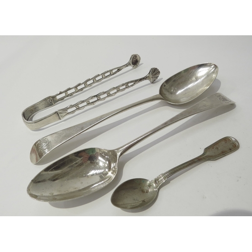 6428 - Two George III silver spoons with monogram to handle, Alpaca coffee spoon and pair of silver sugar t... 