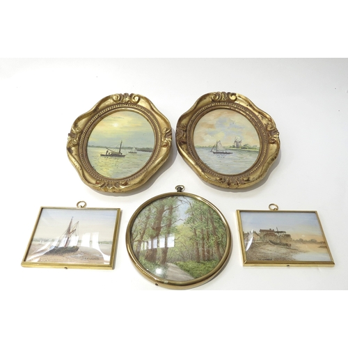 6446 - Five various miniature paintings including two by Stephanie Walters ' Thames barge Pin mill' & 'Even... 